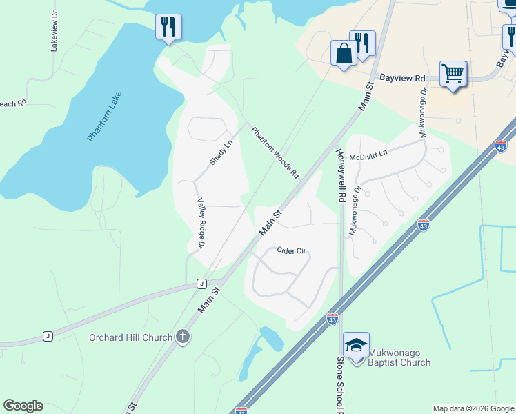 map of restaurants, bars, coffee shops, grocery stores, and more near 1340 Main Street in Mukwonago