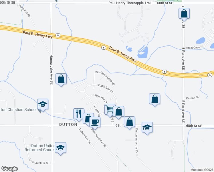 map of restaurants, bars, coffee shops, grocery stores, and more near 6552 Mill Run Southeast in Caledonia