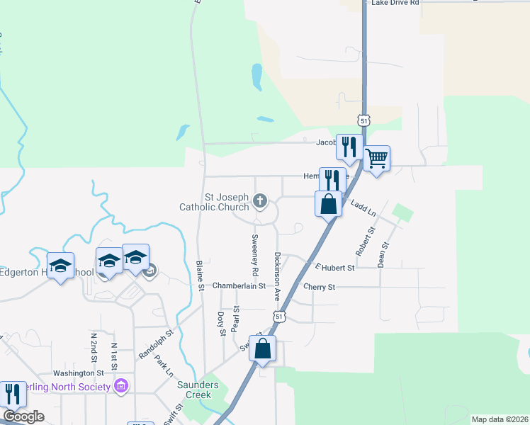map of restaurants, bars, coffee shops, grocery stores, and more near 590 South Saint Joseph's Circle in Edgerton