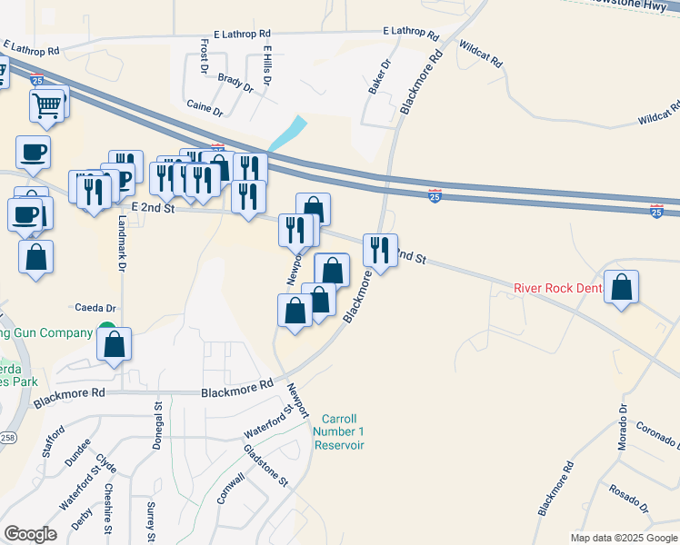 map of restaurants, bars, coffee shops, grocery stores, and more near 401 Newport Road in Casper