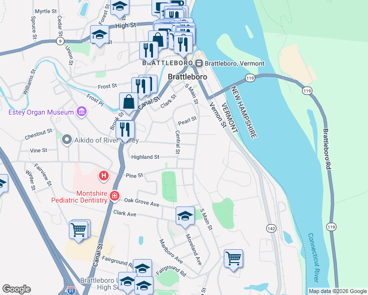 map of restaurants, bars, coffee shops, grocery stores, and more near 33 Washington Street in Brattleboro