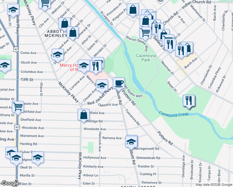 map of restaurants, bars, coffee shops, grocery stores, and more near 548 Abbott Road in Buffalo
