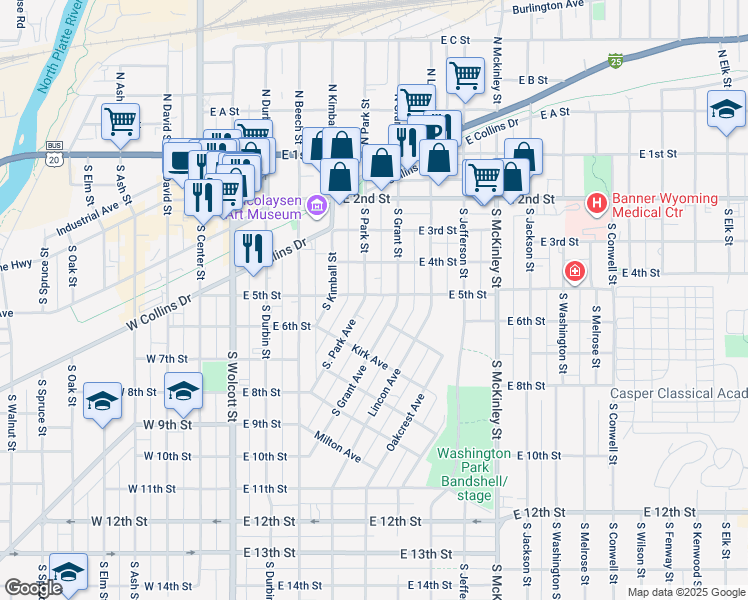 map of restaurants, bars, coffee shops, grocery stores, and more near 503 South Park Street in Casper