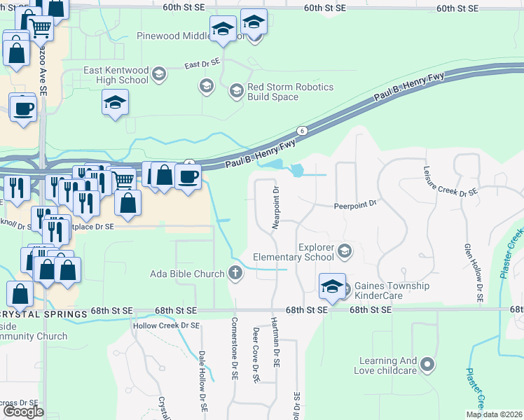 map of restaurants, bars, coffee shops, grocery stores, and more near 6521 Nearpoint Drive in Caledonia