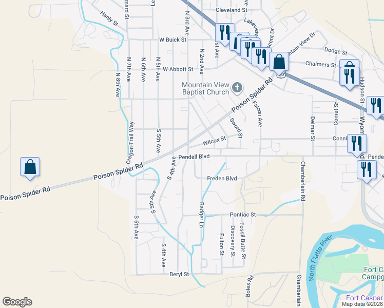 map of restaurants, bars, coffee shops, grocery stores, and more near 1007 South 3rd Avenue in Casper