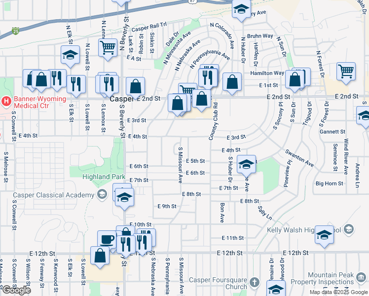 map of restaurants, bars, coffee shops, grocery stores, and more near 400-456 South Missouri Avenue in Casper