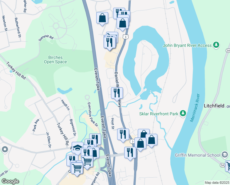 map of restaurants, bars, coffee shops, grocery stores, and more near 23 Arlington Street in Merrimack