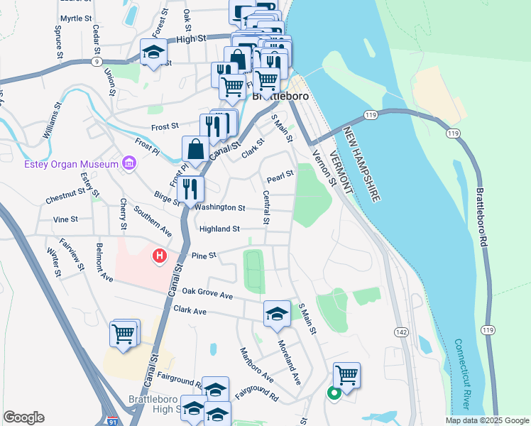 map of restaurants, bars, coffee shops, grocery stores, and more near 33 Washington Street in Brattleboro