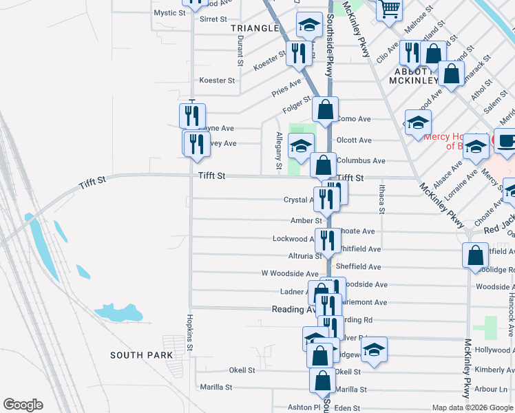 map of restaurants, bars, coffee shops, grocery stores, and more near 116 Crystal Avenue in Buffalo