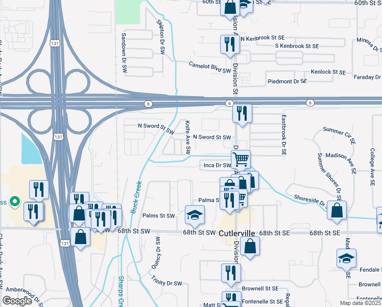 map of restaurants, bars, coffee shops, grocery stores, and more near 6525 Knife Avenue Southwest in Grand Rapids