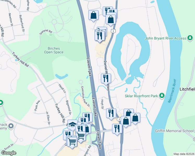 map of restaurants, bars, coffee shops, grocery stores, and more near 80 East Ridge Road in Merrimack