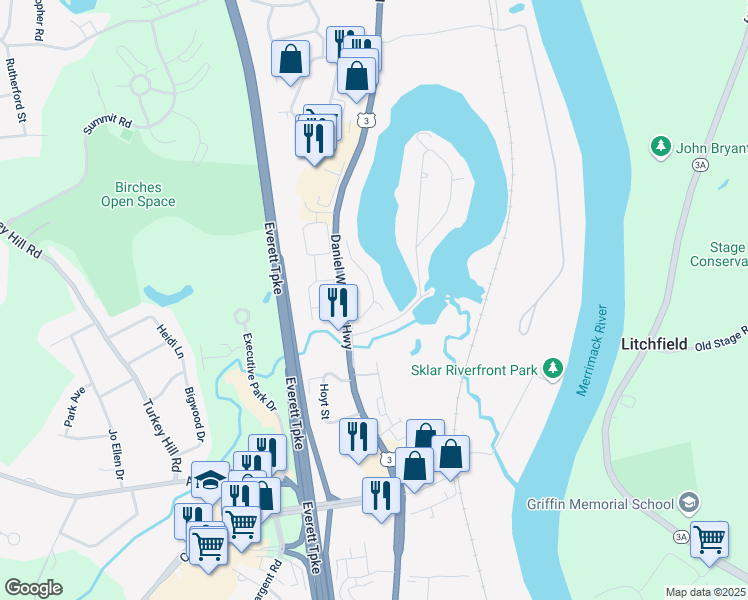 map of restaurants, bars, coffee shops, grocery stores, and more near 45 Pondview Drive in Merrimack