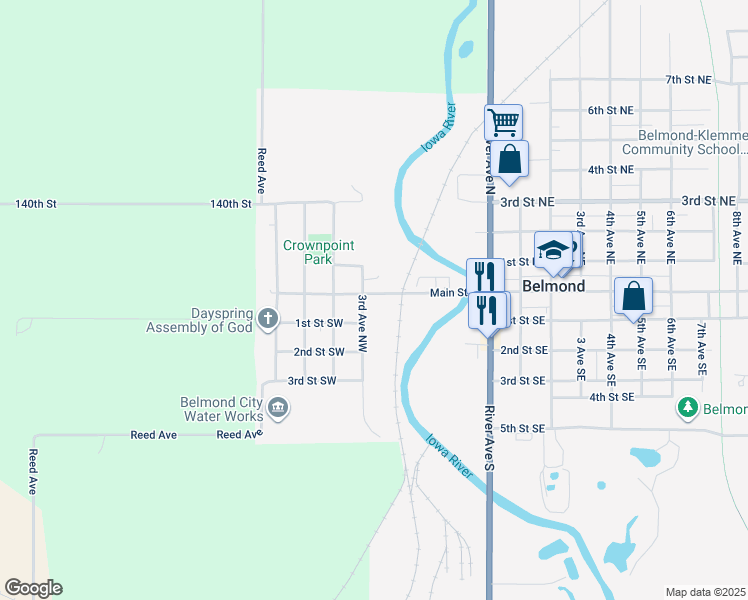map of restaurants, bars, coffee shops, grocery stores, and more near in Belmond