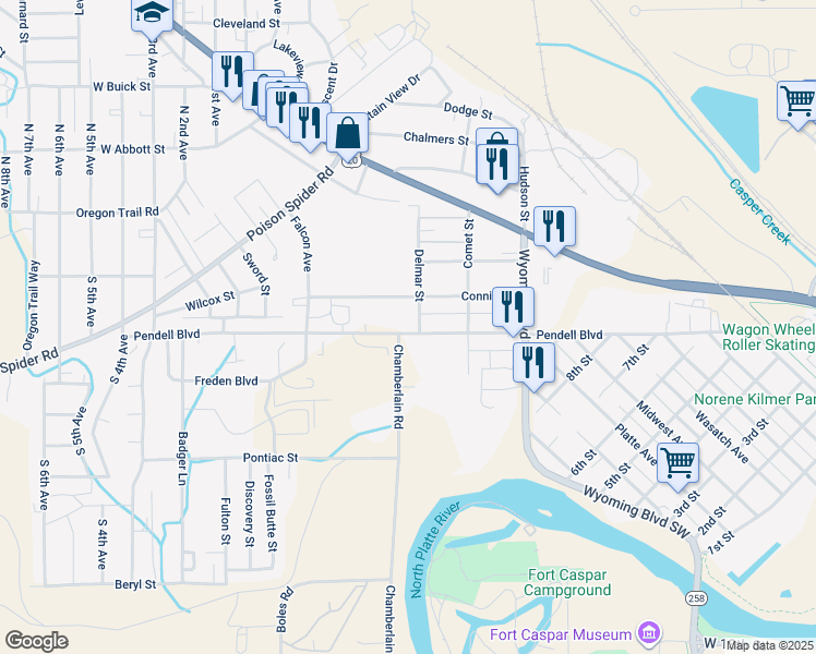 map of restaurants, bars, coffee shops, grocery stores, and more near 815 Connie Street in Mills