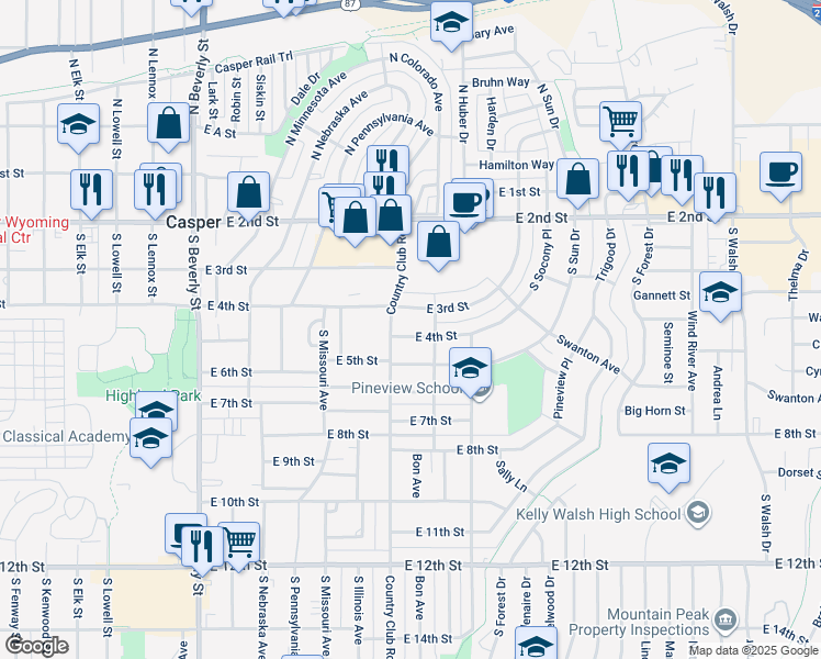 map of restaurants, bars, coffee shops, grocery stores, and more near 307 Country Club Road in Casper