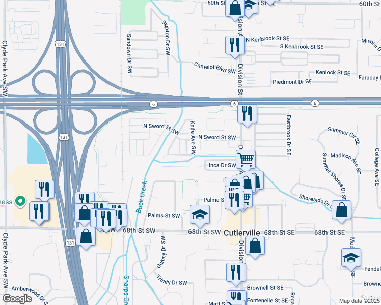 map of restaurants, bars, coffee shops, grocery stores, and more near 6525 Knife Avenue Southwest in Grand Rapids