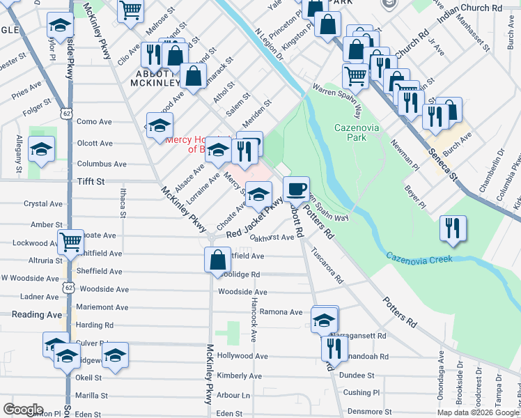 map of restaurants, bars, coffee shops, grocery stores, and more near 88 Red Jacket Parkway in Buffalo