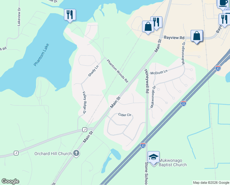 map of restaurants, bars, coffee shops, grocery stores, and more near 1340 Main Street in Mukwonago