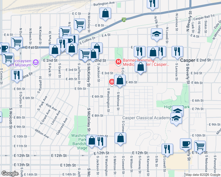map of restaurants, bars, coffee shops, grocery stores, and more near 1180 East 5th Street in Casper