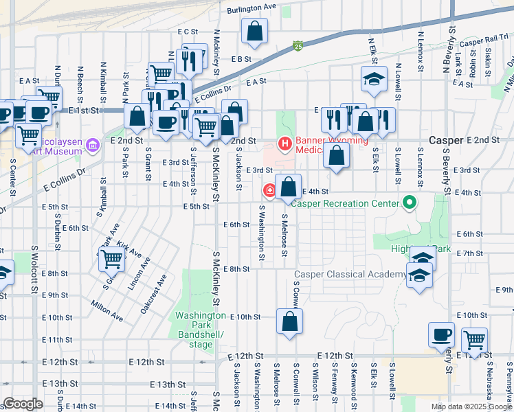map of restaurants, bars, coffee shops, grocery stores, and more near 1180 East 5th Street in Casper