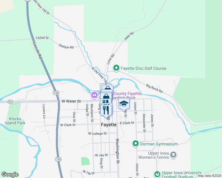 map of restaurants, bars, coffee shops, grocery stores, and more near 2 Washington Street in Fayette