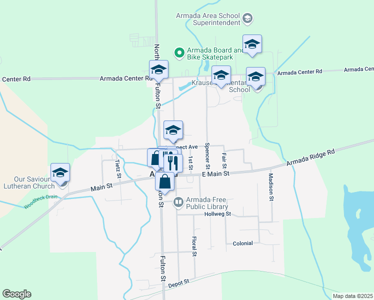 map of restaurants, bars, coffee shops, grocery stores, and more near 21 Prospect Avenue in Armada