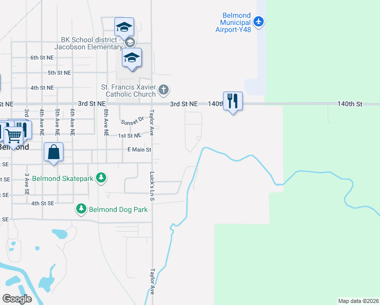 map of restaurants, bars, coffee shops, grocery stores, and more near 101 Country Club Drive in Belmond