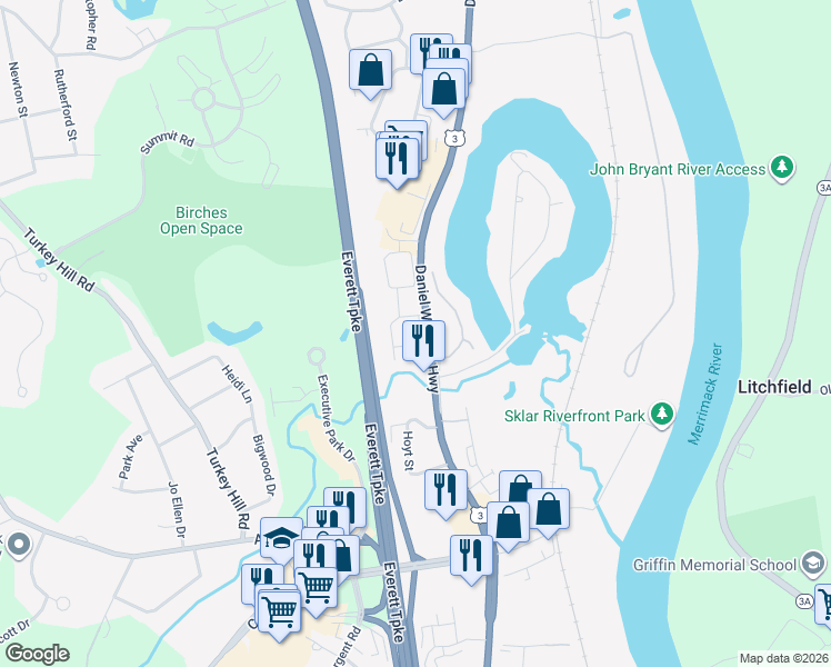 map of restaurants, bars, coffee shops, grocery stores, and more near 23 Arlington Street in Merrimack