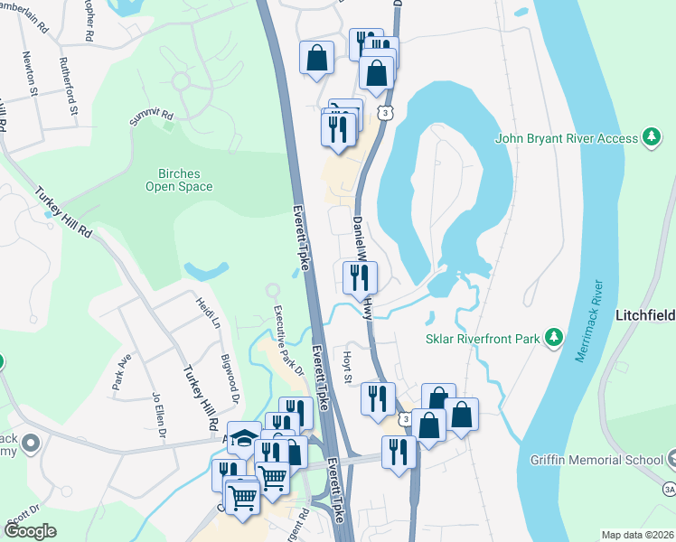 map of restaurants, bars, coffee shops, grocery stores, and more near 80 East Ridge Road in Merrimack