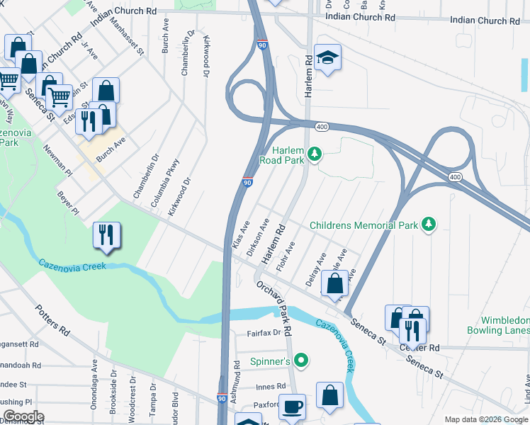 map of restaurants, bars, coffee shops, grocery stores, and more near 88 Dirkson Avenue in Buffalo