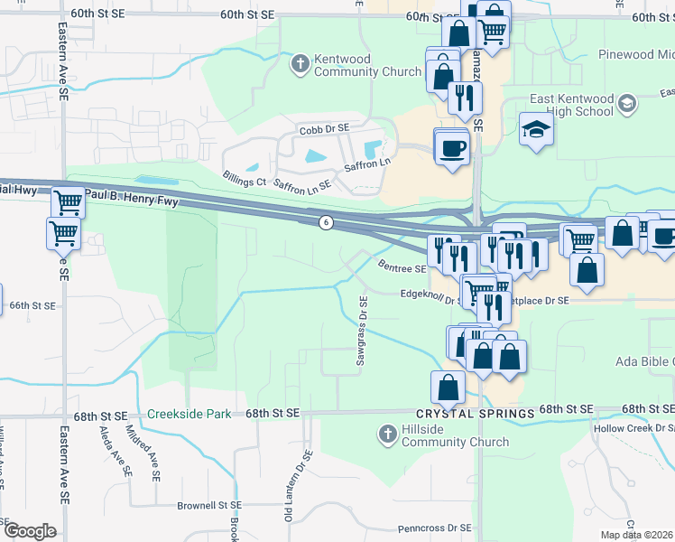 map of restaurants, bars, coffee shops, grocery stores, and more near 1335 Bentree Southeast in Grand Rapids