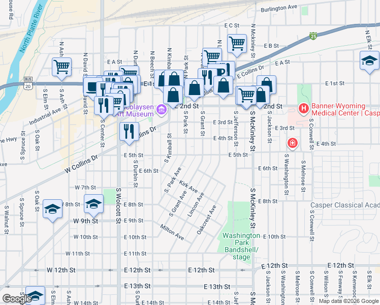 map of restaurants, bars, coffee shops, grocery stores, and more near 434 South Grant Street in Casper