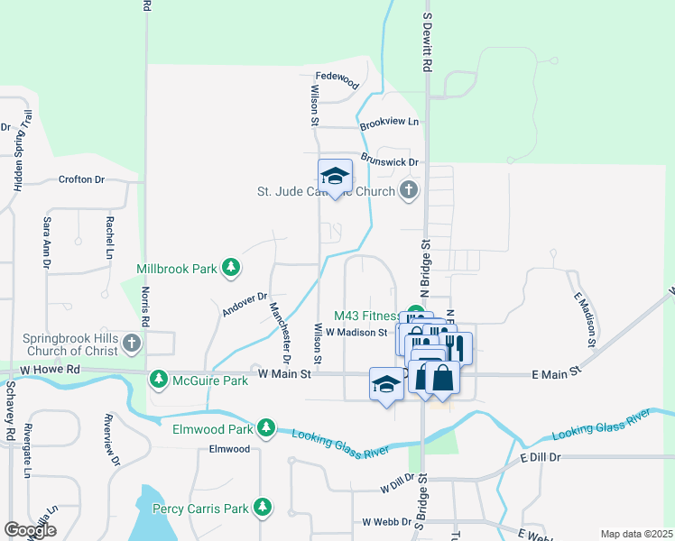 map of restaurants, bars, coffee shops, grocery stores, and more near 423 North Logan Street in DeWitt
