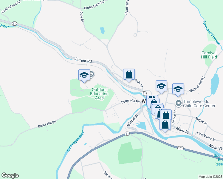map of restaurants, bars, coffee shops, grocery stores, and more near School Road in Wilton