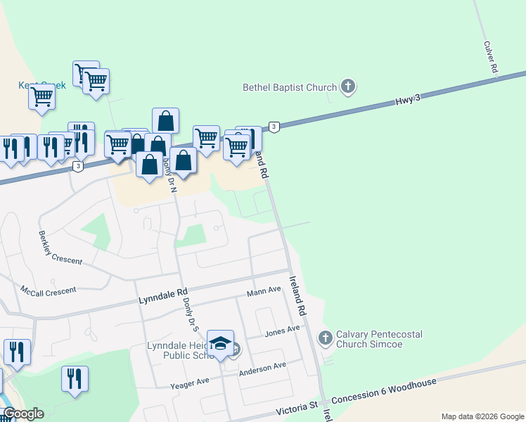 map of restaurants, bars, coffee shops, grocery stores, and more near 89-277 Ireland Road in Norfolk County
