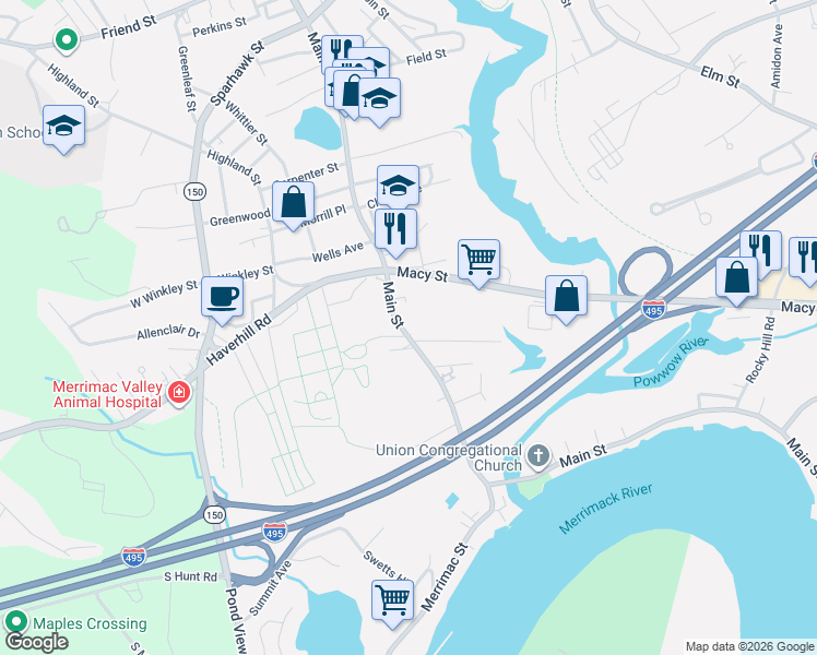 map of restaurants, bars, coffee shops, grocery stores, and more near 260 Main Street in Amesbury