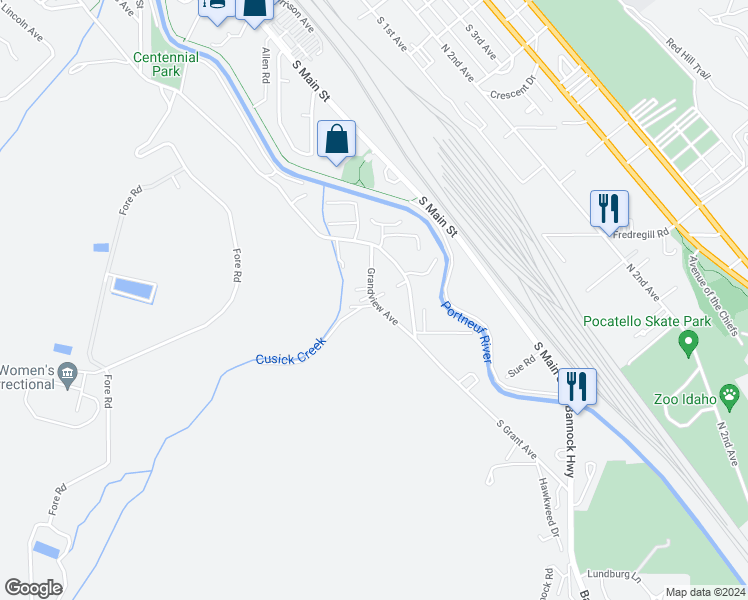 map of restaurants, bars, coffee shops, grocery stores, and more near 1900 Grandview Avenue in Pocatello