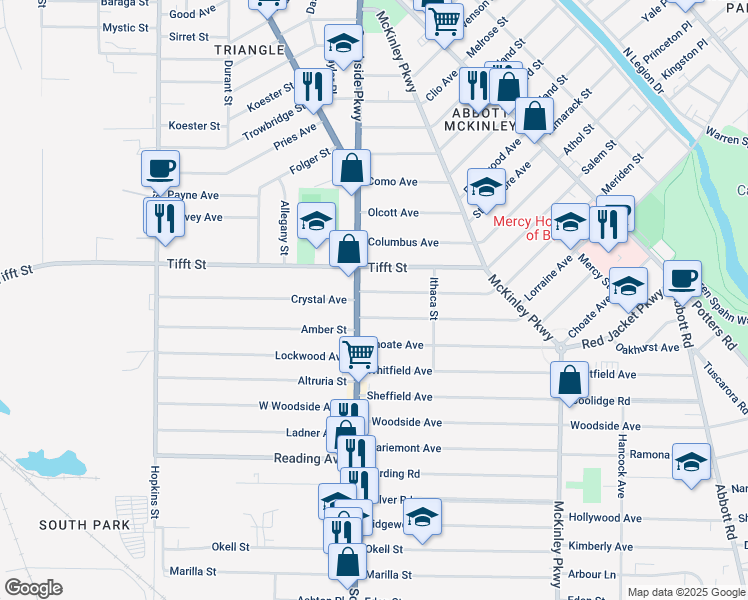 map of restaurants, bars, coffee shops, grocery stores, and more near 1938 U.S. 62 in Buffalo