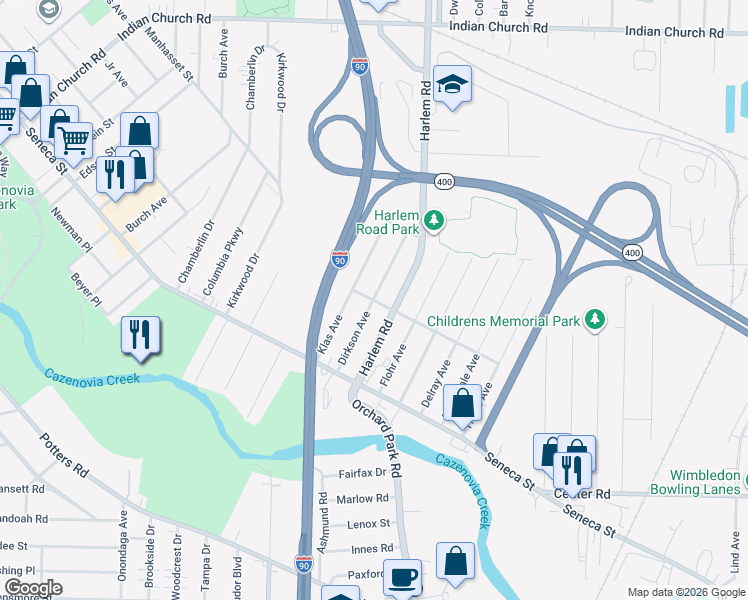 map of restaurants, bars, coffee shops, grocery stores, and more near 89 Dirkson Avenue in West Seneca