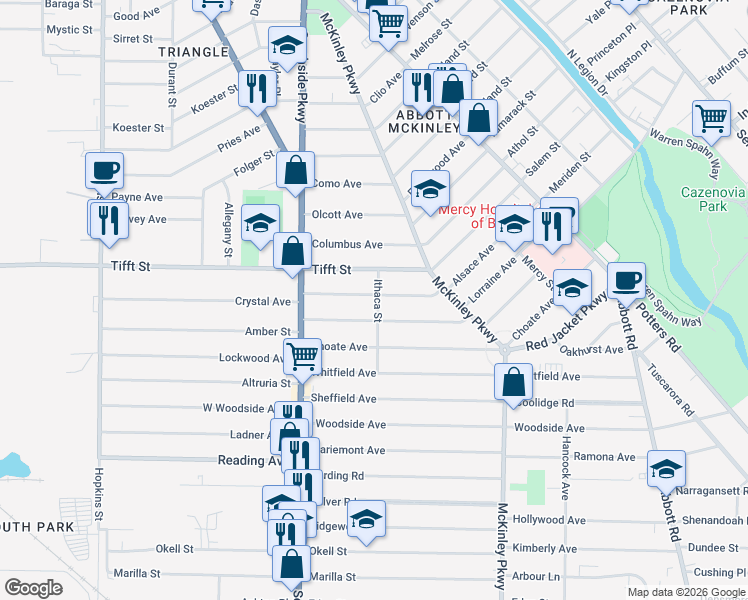map of restaurants, bars, coffee shops, grocery stores, and more near 81 Richfield Avenue in Buffalo