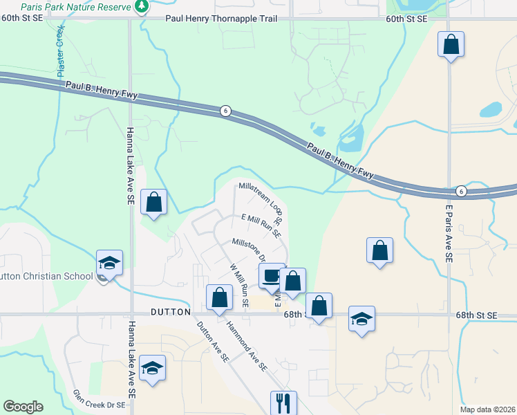 map of restaurants, bars, coffee shops, grocery stores, and more near 6351 Millstream Loop Southeast in Caledonia