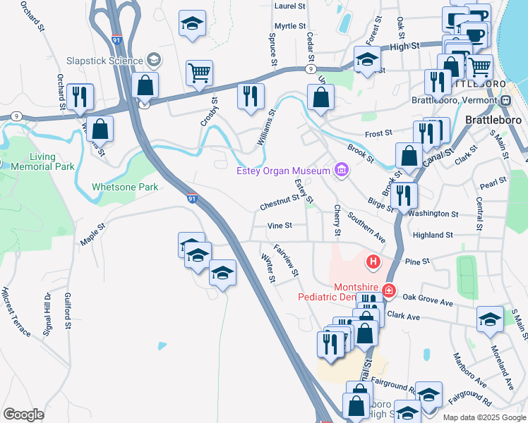 map of restaurants, bars, coffee shops, grocery stores, and more near 68 Chestnut Street in Brattleboro