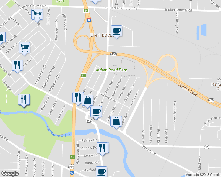 map of restaurants, bars, coffee shops, grocery stores, and more near 129 Flohr Avenue in Buffalo