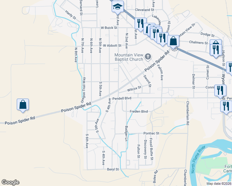 map of restaurants, bars, coffee shops, grocery stores, and more near 1007 South 3rd Avenue in Casper