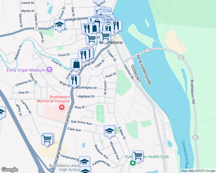 map of restaurants, bars, coffee shops, grocery stores, and more near 33 Washington Street in Brattleboro