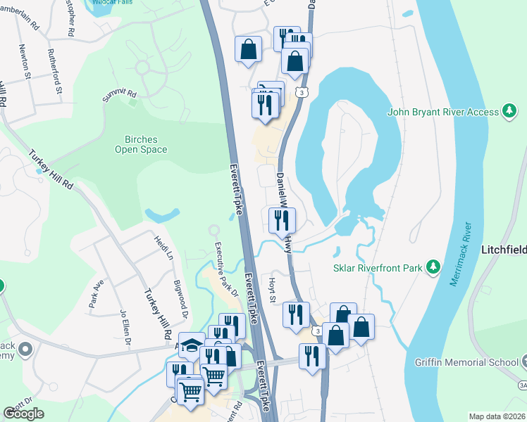 map of restaurants, bars, coffee shops, grocery stores, and more near 80 East Ridge Road in Merrimack