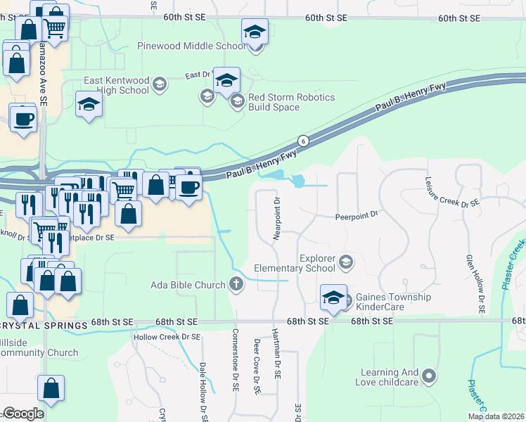 map of restaurants, bars, coffee shops, grocery stores, and more near 6521 Nearpoint Drive in Caledonia