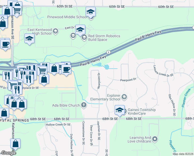map of restaurants, bars, coffee shops, grocery stores, and more near 6521 Nearpoint Drive in Caledonia