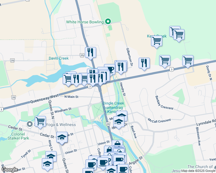 map of restaurants, bars, coffee shops, grocery stores, and more near 397 College Avenue in Simcoe