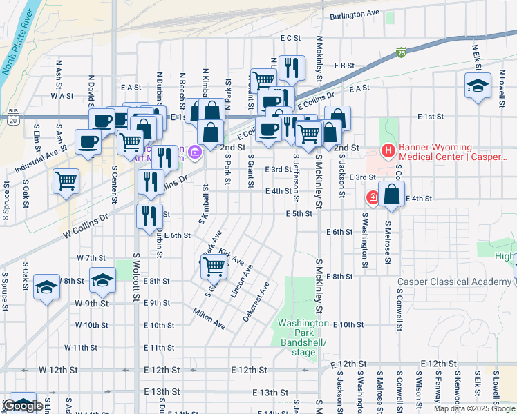 map of restaurants, bars, coffee shops, grocery stores, and more near 430 South Lincoln Street in Casper